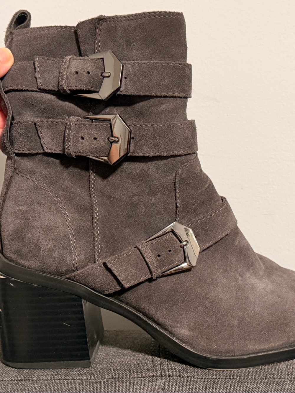 Vince Camuto Dark Gray Suede Buckle Ankle Boots